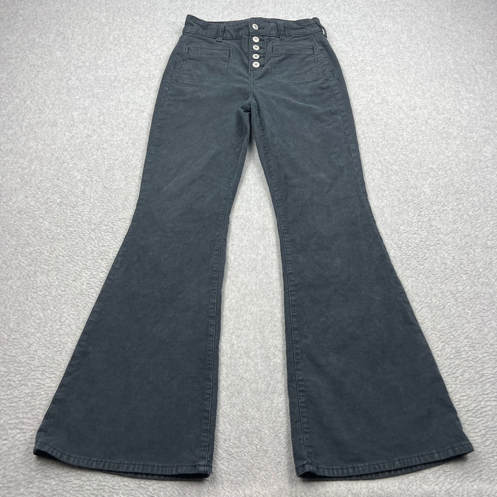 American Eagle High Rise Flare Pants Womens 4 Black Corduroy Button Fly Stretch